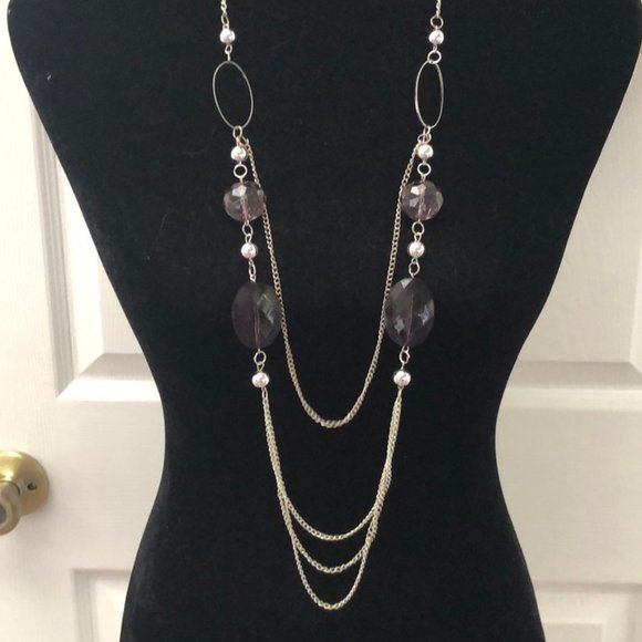 DONATED Layered long necklace, silver tone w/gems - Picture 2 of 4